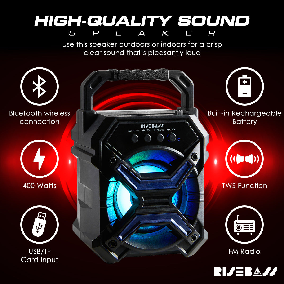 Преносима безжична Bluetooth тонколона с TWS функция - Презареждаща се Bluetooth тонколона - LED мигащи светлини