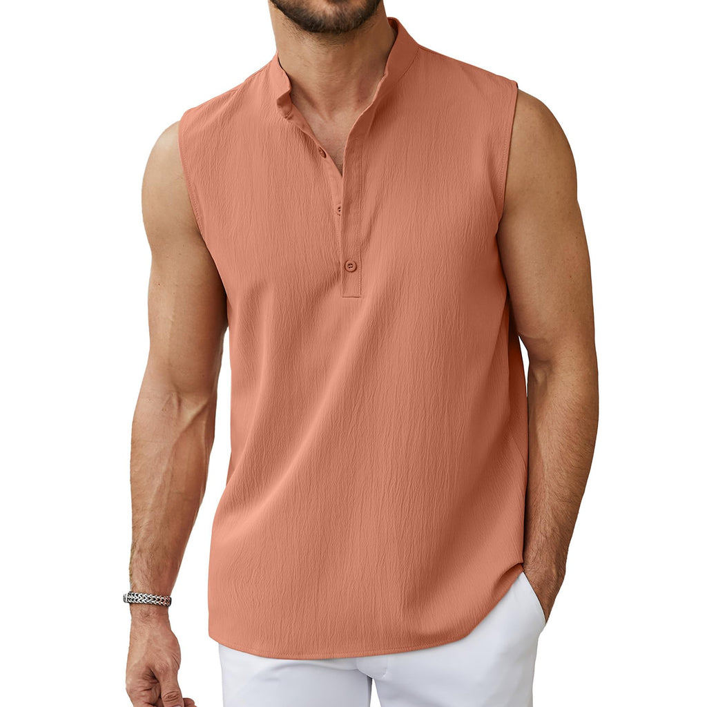hawalili Sleeveless Beach Shirts for Men Summer Casual Tank Top Button Down Henley T-Shirts Coral