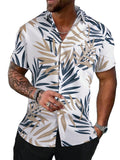 Floerns Mens Striped Shirts Casual Short Sleeve Button Down Shirts White Plants Large