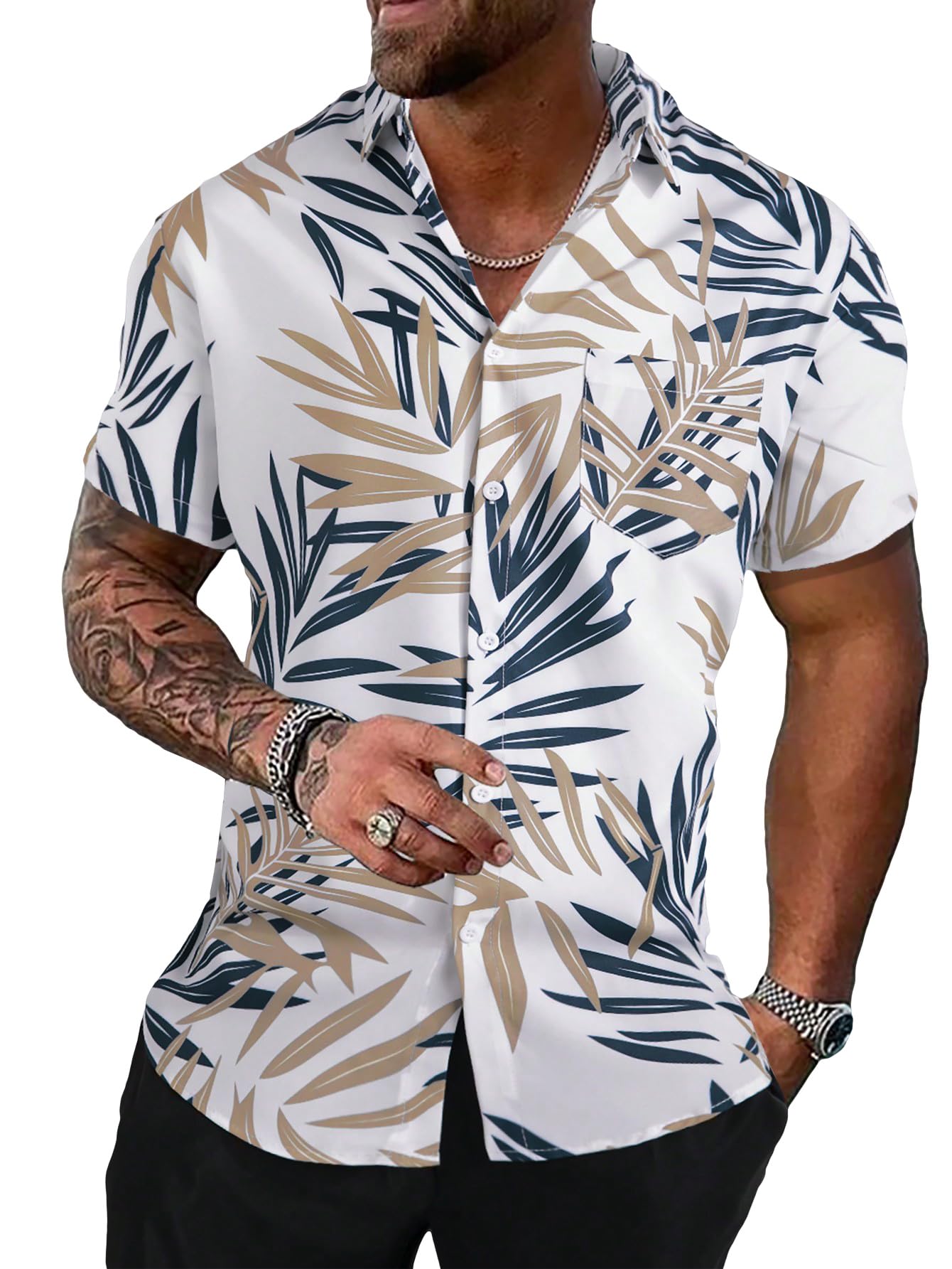 Floerns Mens Striped Shirts Casual Short Sleeve Button Down Shirts White Plants Large