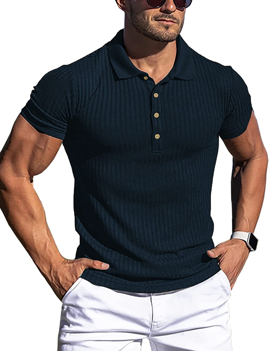 LOGEEYAR Mens Muscle Polo Shirts Short Sleeve Slim Fit Shirts Casual Ribbed Stylish Tees Navy