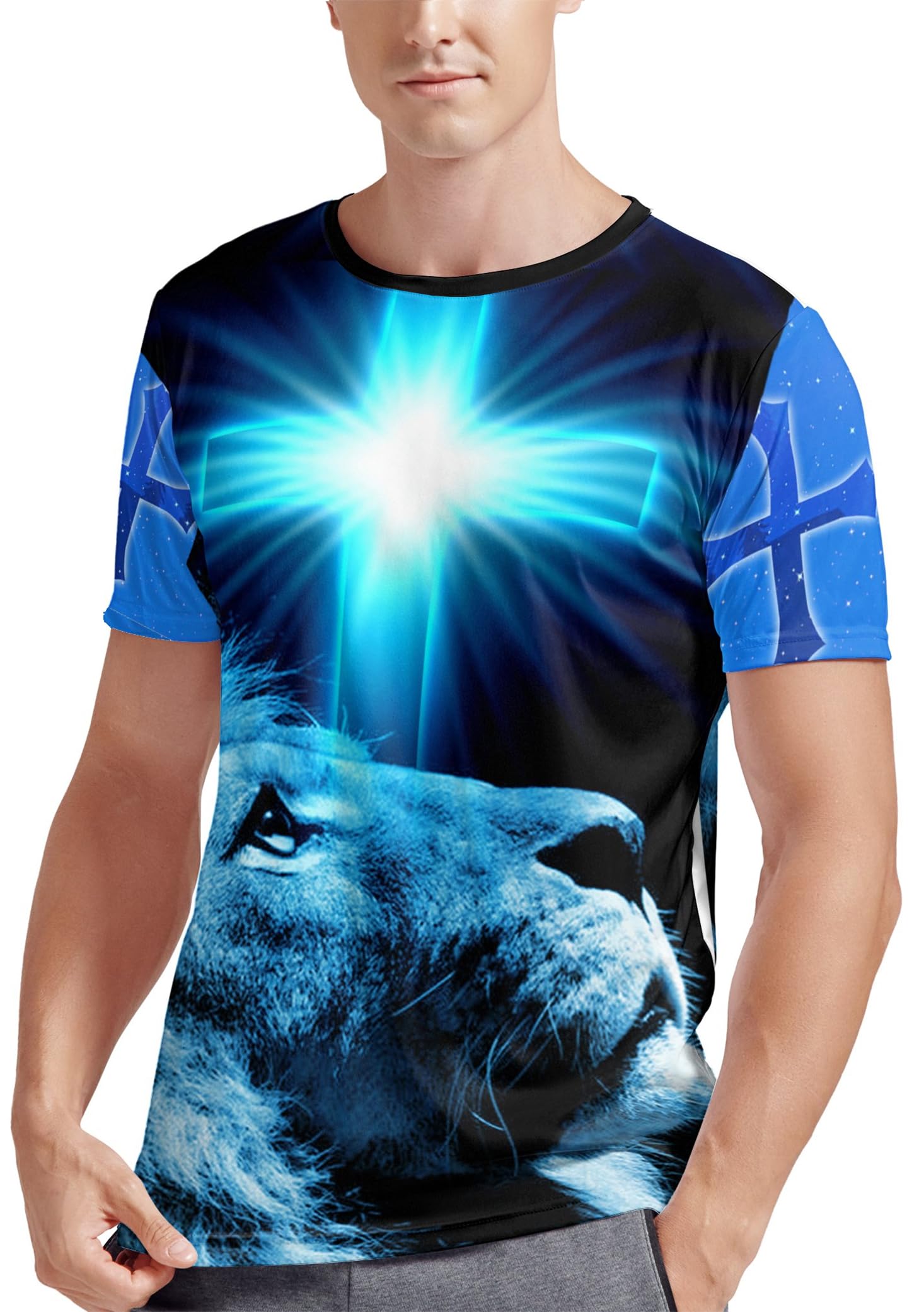 Chirstian Shirts for Men and Women My God Lion King Shirt Printed Chirstian Cross Crew Neck Short Sleeve T Shirts Blue