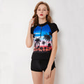 Floral Short Sleeve Swimsuit with Coconut Tree Design