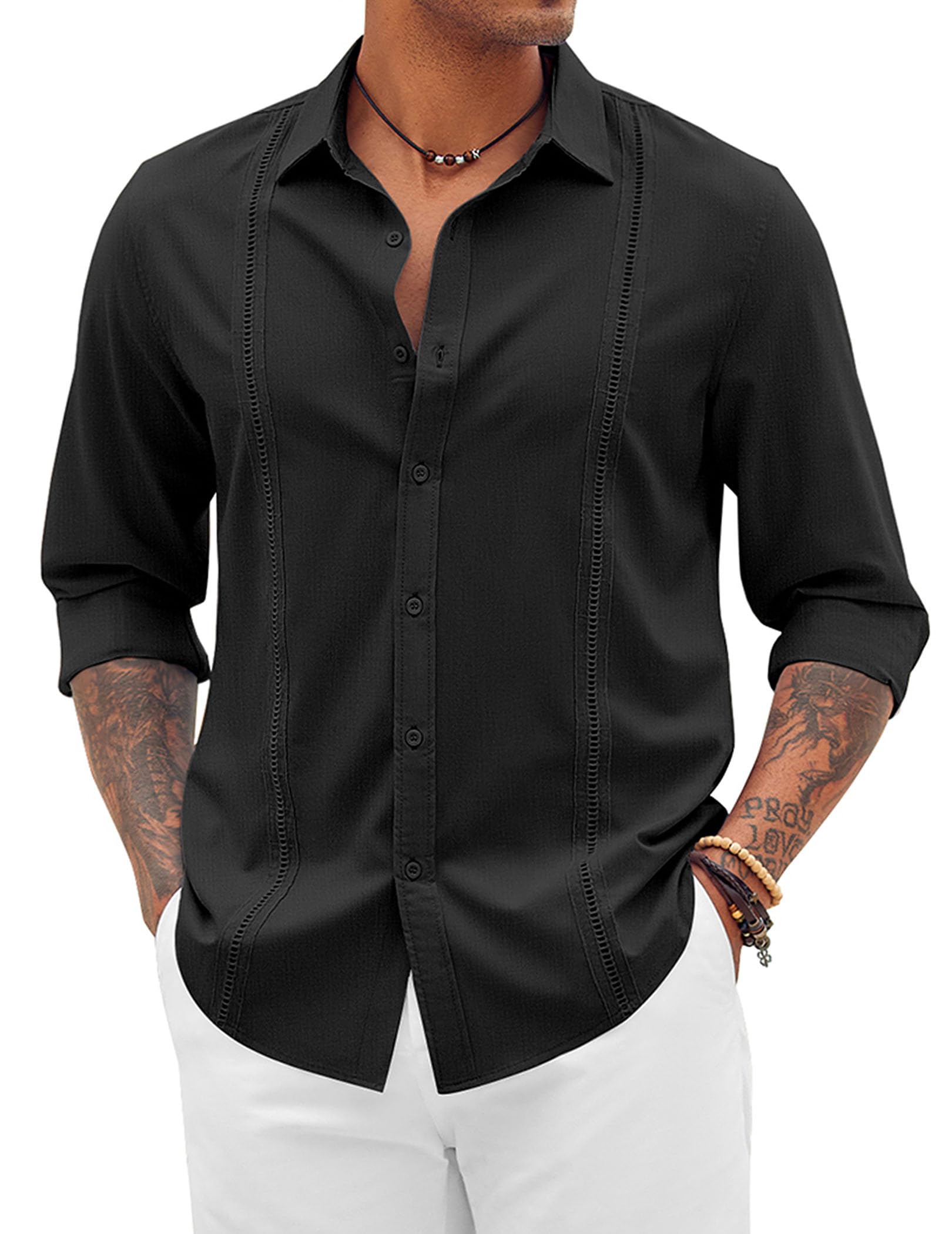 COOFANDY Mens Casual Button Down Shirts Long Sleeve Cuban Shirts Summer Linen Shirts Black