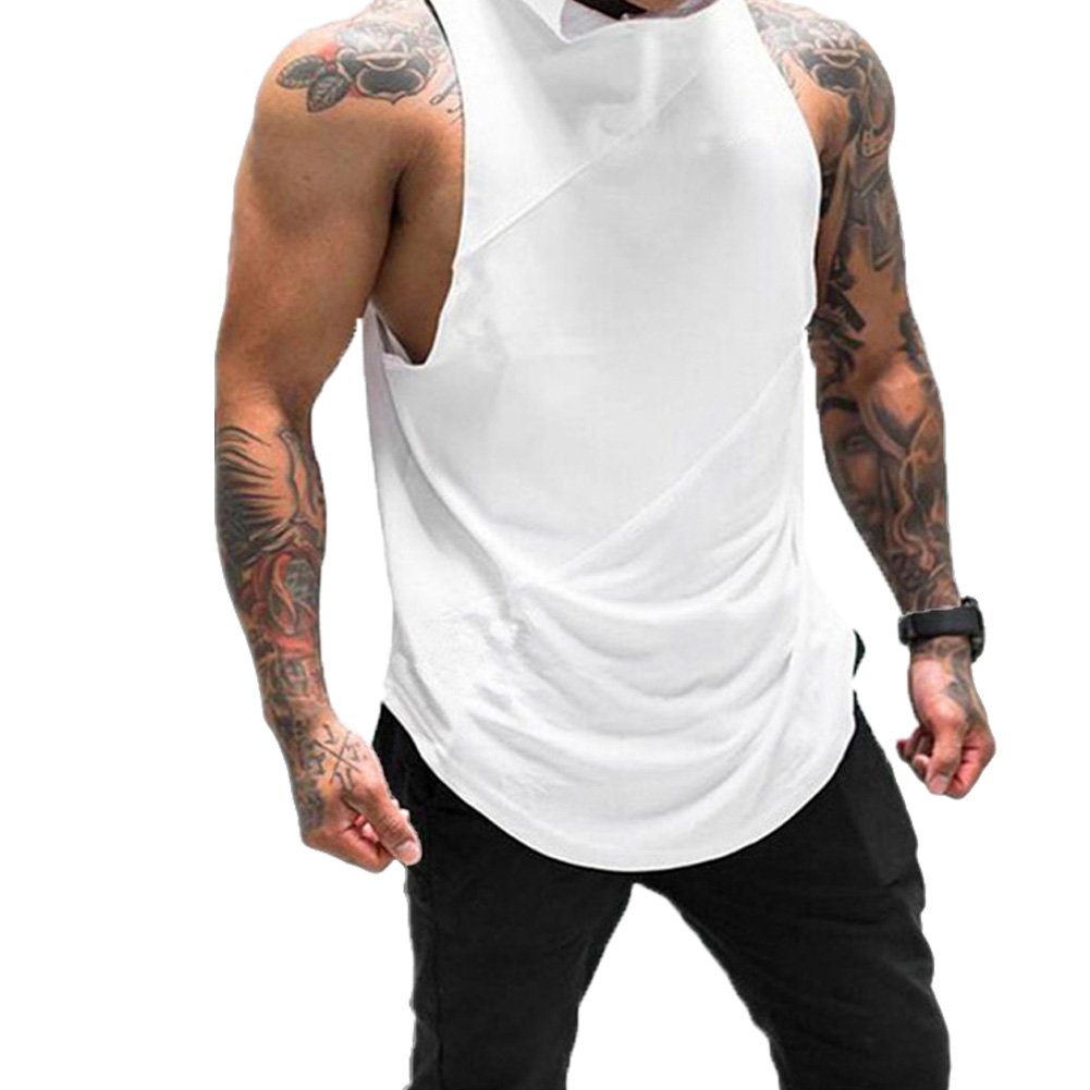 ZUEVI Mens Gym Muscle Hooded Tank Tops Sleeveless Workout Hoodies Shirts Bodybuilding Stringer T Shirt (White-L)